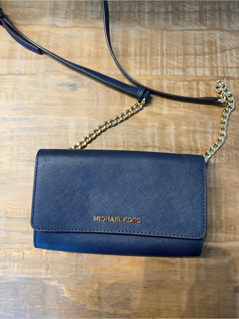 Michael Kors Navy Chain Wallet Crossbody Bag Gold Hardware
